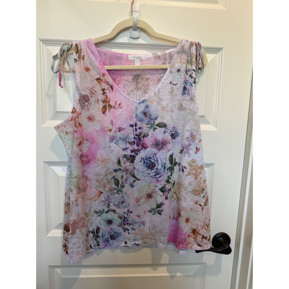 Concepts Women Floral Burnout V-Neck Tank Top Tie Shoulder bedazzled  Pink L Y2K